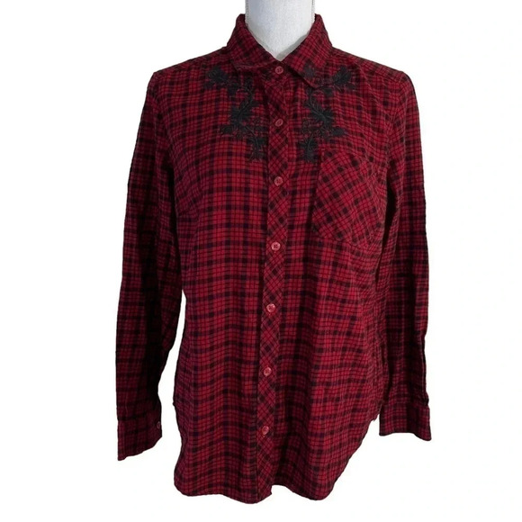 Time and True Red and Blue Plaid Embroidered Button Up Flannel Shirt Size Small - Picture 1 of 6